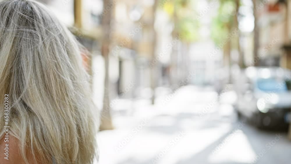 Young blonde woman smiling confident come back walking at street Young blonde woman smiling confident come back walking at street