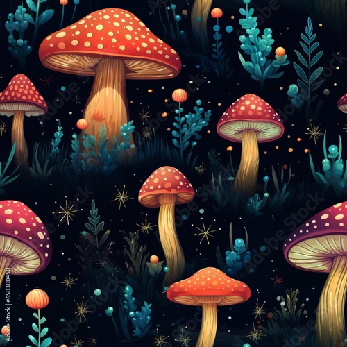 Merry Christmas mushroom pattern, watercolor, on a background of stars and darkness, looking mysterious, seamless pattern