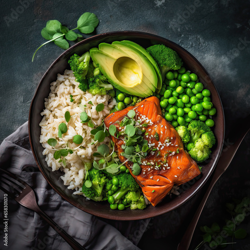 Salmon avocado bowl with broccoli, green peas, rice and fresh salad. Healthy food, top view photo