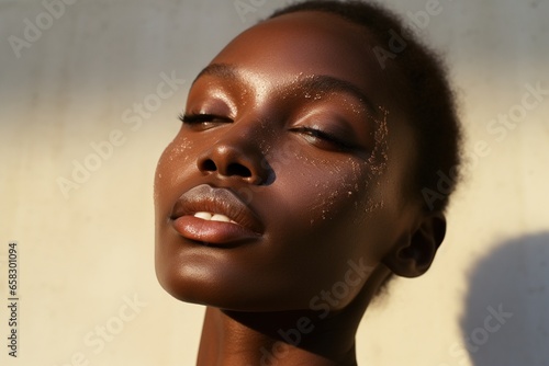 Portrait of a Beautiful african american woman with dark skin and natural make-up