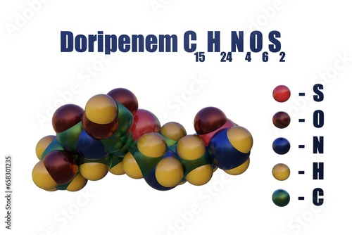 Doripenem, a beta-lactam carbapenem antibiotic drug with high antibacterial activity. Structural chemical formula and space-filling molecular model. 3d illustration photo