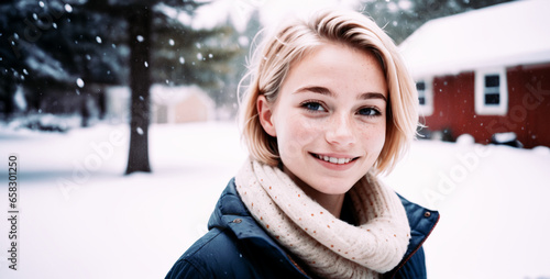 primo piano di giovane sorridente ragazza all'aperto in una giornata nevosa e fredda, tema stagionale photo