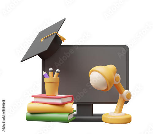 3d laptop, study lamp, graduation cap, stack of books and stationery, school and online education illustrations
