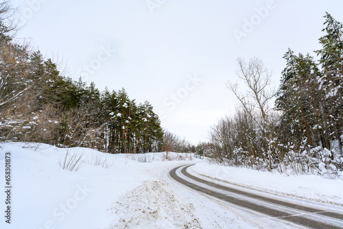 Snowy winter road in a mountain forest.