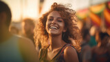 A joyful woman at a lively event, with a blurred background highlighting her free-spirited vibe.Festival Concept