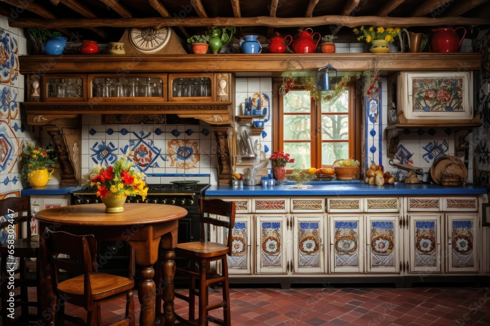 Ukrainian authentic new kitchen. Traditional patterns painted on furniture and handmade tiles. Unique design