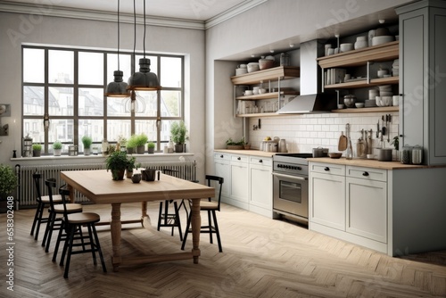 Scandinavian interior design. White grey kitchen room organization