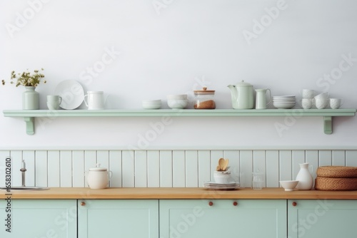 Wall mockup in kitchen interior background, Farmhouse style, 3d render © Hope