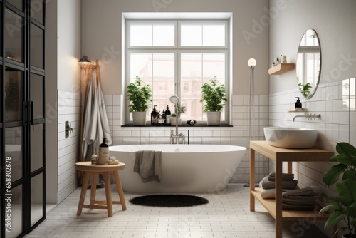 Cozy white and wood bathroom interior. Bathtub  towels and other personal bathroom accessories. Modern glamour interior concept. Small window. Template. 