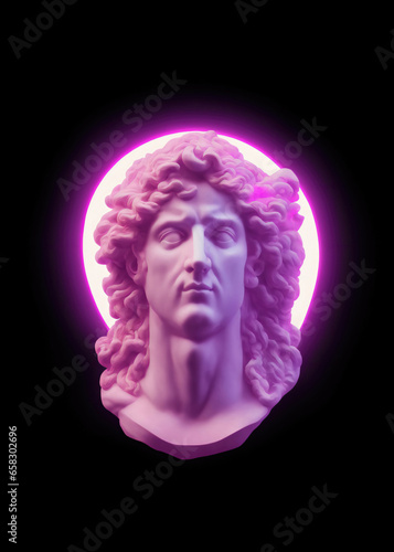 The head of an old greek statue, representing a fierce man with long curly hair, over an illuiminated round sphere behind it. Vaporwave vibes. 