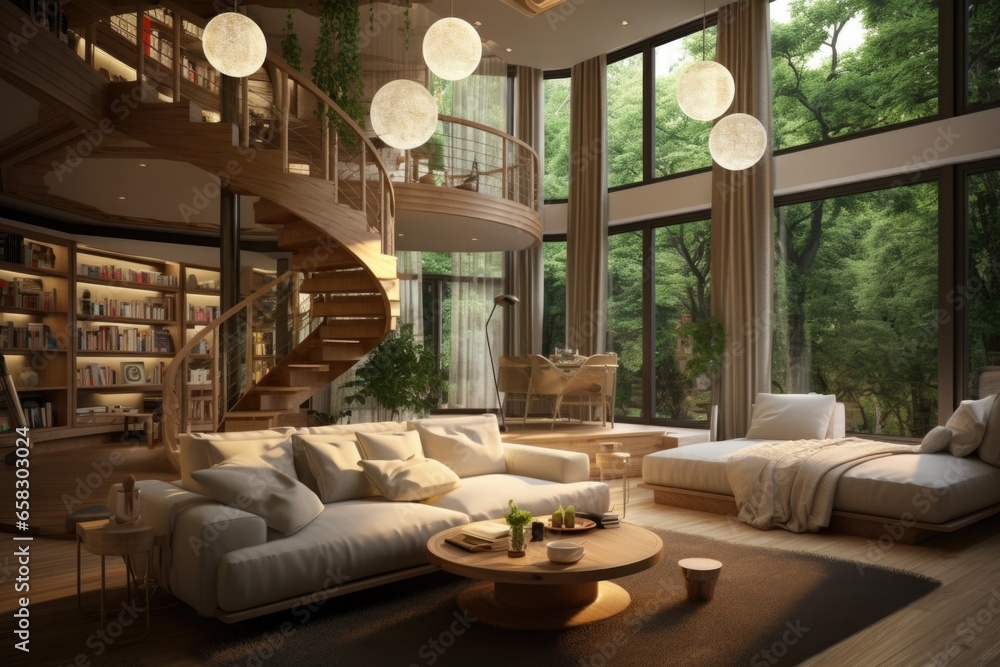 Pendant lights hanging on ceiling in modern kitchen and cushions arranged on sofa in living room, large windows and beautiful forest view . spiral staircase to the second floor of a new unique house. 