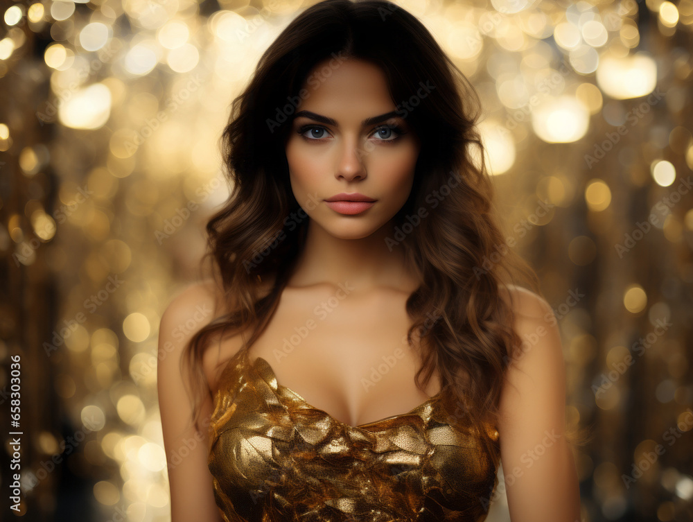 Brunette girl in a shiny gold dress at a party. 