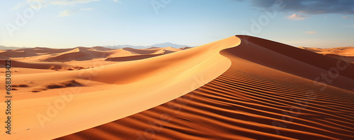 A desert landscape with sand dunes and mountains in the distance
