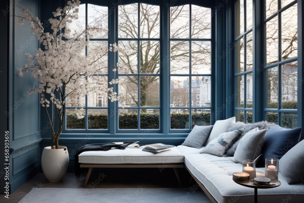 Imagine a veranda with vast windows and a stylish blue-themed sofa. This cozy space seamlessly merges indoor and outdoor living, offering a perfect blend of comfort and elegance. - obrazy, fototapety, plakaty 