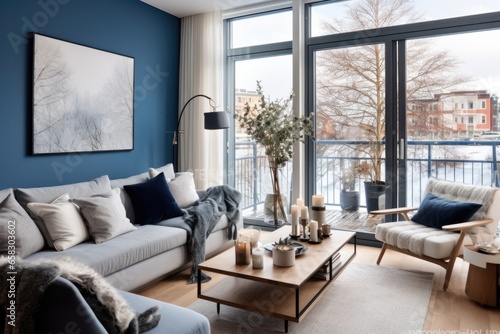 Modern living room with expansive windows and a chic blue-accented sofa. This elegant space seamlessly fuses the indoors and outdoors, providing a harmonious mix of comfort and style.