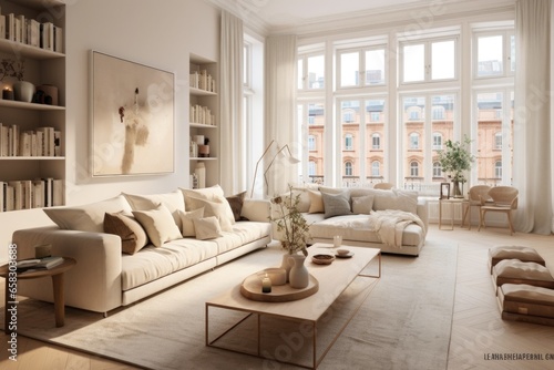 New modern living room with large windows and comfortable sofa  coffee table  plants   wooden floor in big apartment after renovation . Beautiful visual 