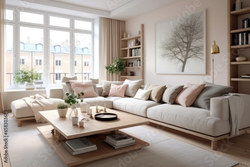Scandinavian-style studio apartment, where minimalism meets coziness. Bright and functional space with a serene atmosphere, perfect for modern living. photo