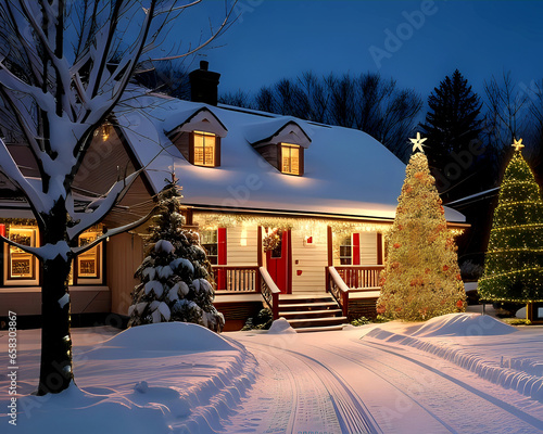 Snow-covered house of a family with a big christmas tree in the United States adorned with Christmas decorations and holiday lights in December iluminated at night photo