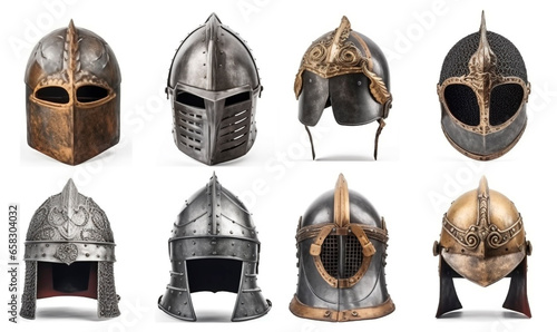 Realistic medieval and antique helmets. Armored 3d headdress with visor and protective plates made of metal and bronze with chain mail ornament photo