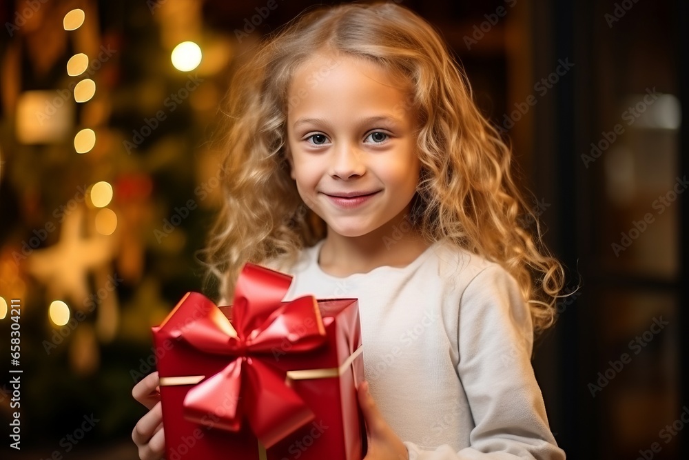 Portrait of a cute little girl holding a gift box in front of a Christmas tree