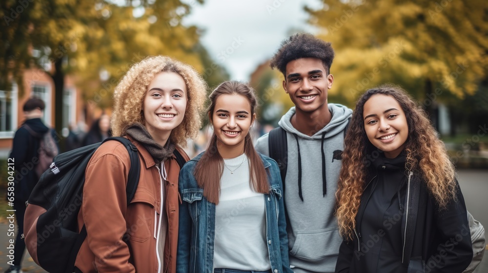 Young people of various cultures smile at the camera. University students stand together on a college campus. Happy friends having fun together on a college campus. Friendship and way of life. Young people of various cultures smile at the camera. University students stand together on a college campus. Happy friends having fun together on a college campus. Friendship and way of life.
