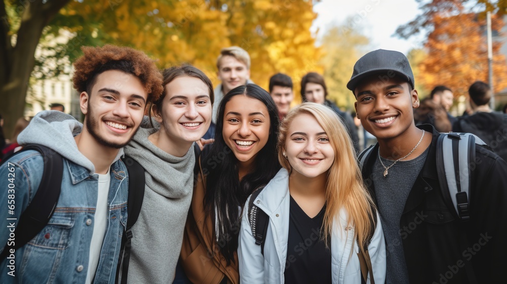 Young people of various cultures smile at the camera. University students stand together on a college campus. Happy friends having fun together on a college campus. Friendship and way of life. - obrazy, fototapety, plakaty 
