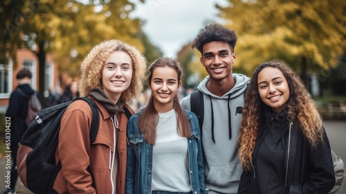 Young people of various cultures smile at the camera. University students stand together on a college campus. Happy friends having fun together on a college campus. Friendship and way of life.