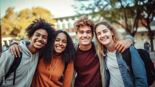 Young people of various cultures smile at the camera. University students stand together on a college campus. Happy friends having fun together on a college campus. Friendship and way of life. © Phoophinyo