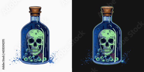 Hand drawn bottle of blue poison with human skull, eyeballs, mushrooms inside. Halloween creepy illustration in vintage style.