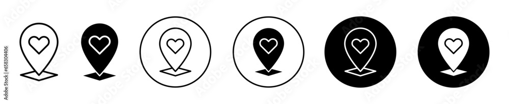 Rendezvous meeting point icon. Romantic date meeting point address symbol set. Rendezvous love location marker pointer on map vector sign. Heart shape favorite travel route line logo. Location logo Rendezvous meeting point icon. Romantic date meeting point address symbol set. Rendezvous love location marker pointer on map vector sign. Heart shape favorite travel route line logo. Location logo