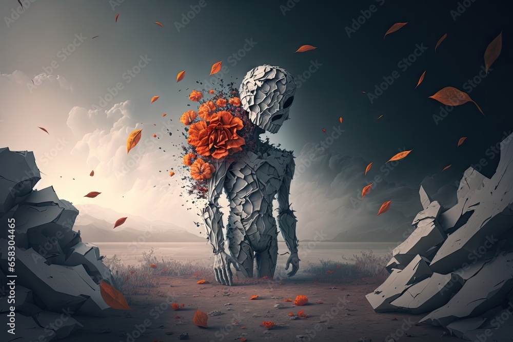 Fantasy scene with a skeleton holding a bouquet of orange roses