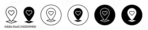 Rendezvous meeting point icon. Romantic date meeting point address symbol set. Rendezvous love location marker pointer on map vector sign. Heart shape favorite travel route line logo. Location logo 