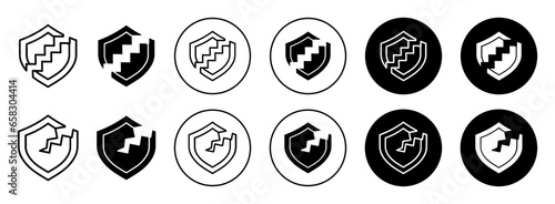 Broken shield icon. Human health protection and safety at risk symbol set. Security break by viral infection of virus and bacteria vector sign. Unprotected shield line logo. Broken  shield breach logo