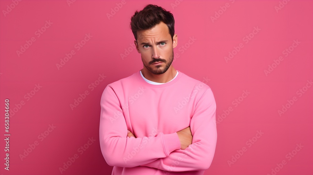 Confident Young Man in Casual Attire with Crossed Arms in Pink Studio Fashion Confident Young Man in Casual Attire with Crossed Arms in Pink Studio Fashion