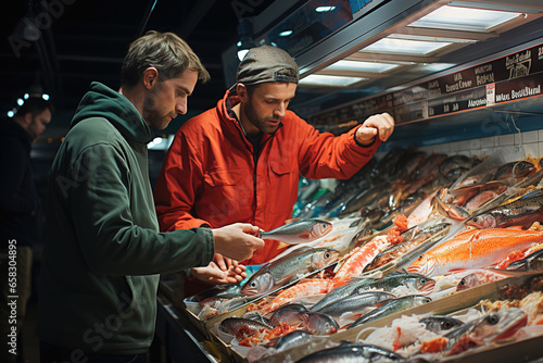People  observing the variety of fish in a bustling fish stand in grocery store.