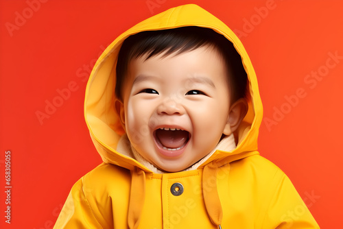 Portrait of a Happy Asian Baby in Colorful Clothing, Set Against a Vibrant Background