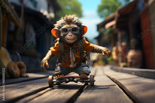 Image of funny monkey drive skateboard at street.