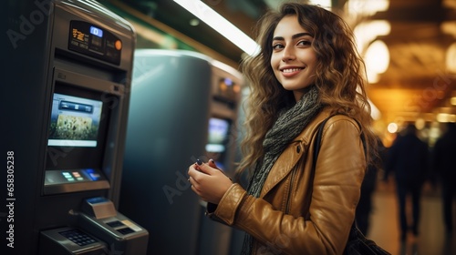 Finance and Shopping: Young woman holding hand full of cash, Portrait of beautiful young woman standing near ATM, Happy wow five bill, Shopping Mall background.