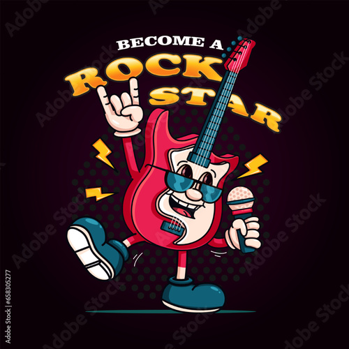Electric guitar becomes a rock star. Great for logos, mascots, t-shirts, stickers and posters