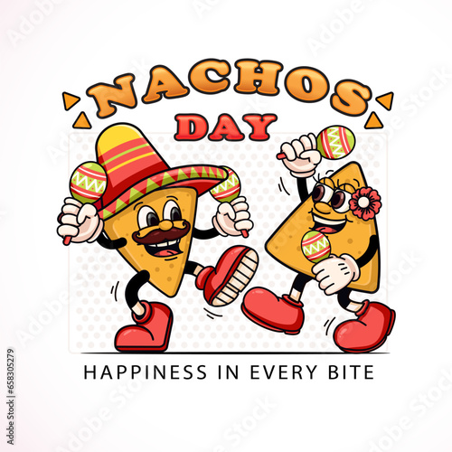 Nachos Day, a pair of nachos dancing while holding macaras. Suitable for logos, mascots, t-shirts, stickers and posters