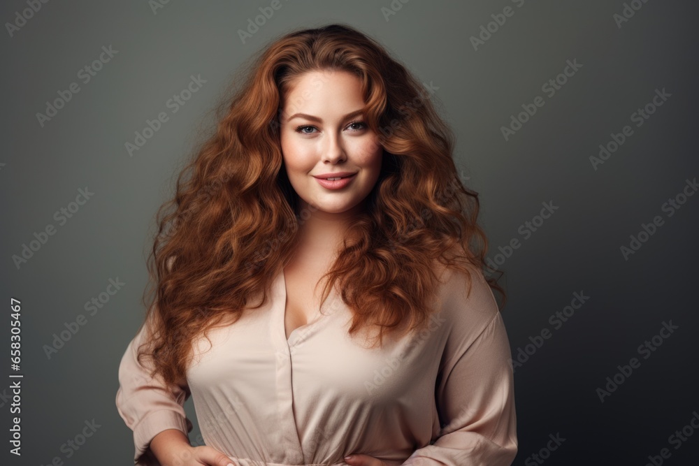 Portrait of an oversized brown woman with gorgeous curly hair on a gray background.