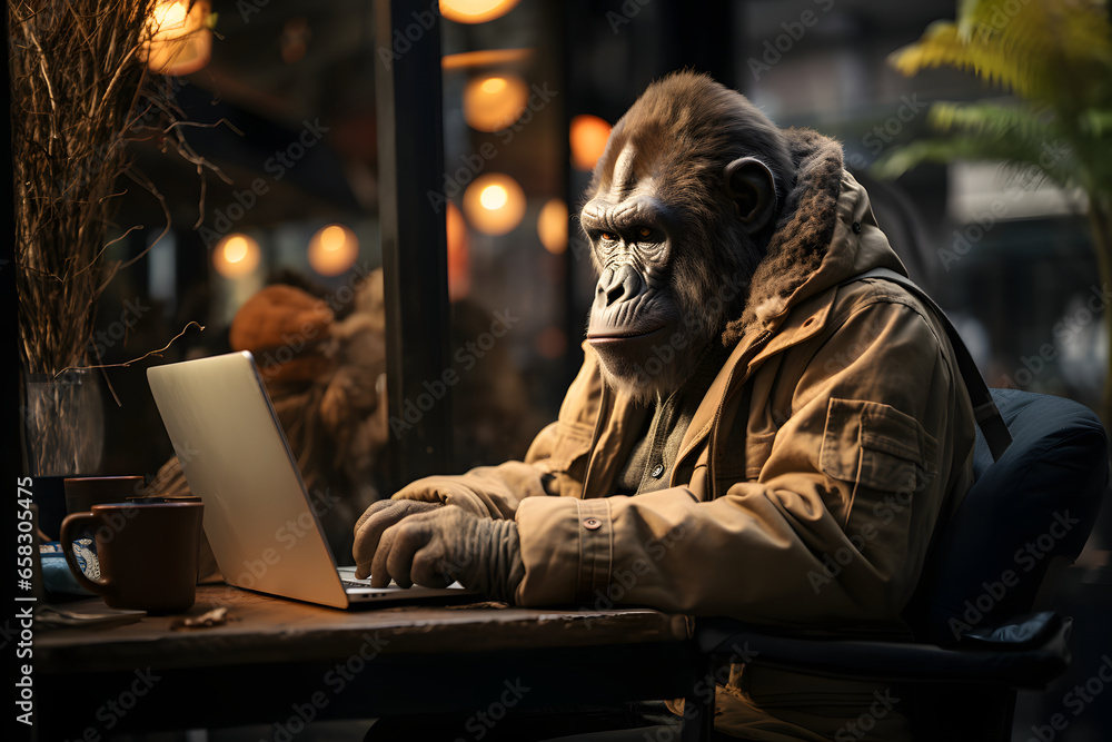 Image of gorilla wearing fashionable clothes, using computer at caffe. Image of gorilla wearing fashionable clothes, using computer at caffe.