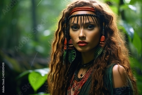Portrait of an Amazonian woman wearing traditional attire against a jungle background.