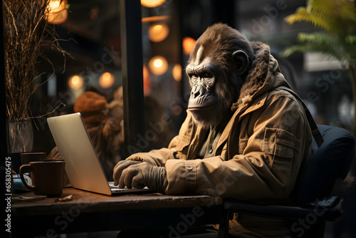  Image of gorilla wearing fashionable clothes, using computer at caffe.