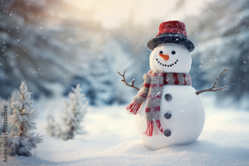 Merry christmas and happy new year greeting card with Happy snowman standing in christmas landscape, pine tree, pine leaf. Snow background. Copy space. Merry christmas and happy new year greeting card with Happy snowman standing in christmas landscape, pine tree, pine leaf. Snow background. Copy space.