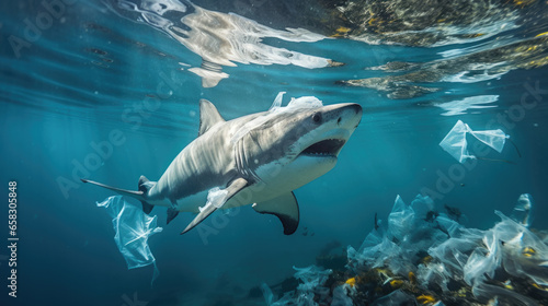 Sharks swim amid plastic pollution in the ocean. environmental concept. Generative AI © chaiyapruek
