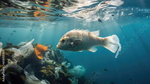 Fish swims among plastic ocean pollution. Environment Concept. Generative AI