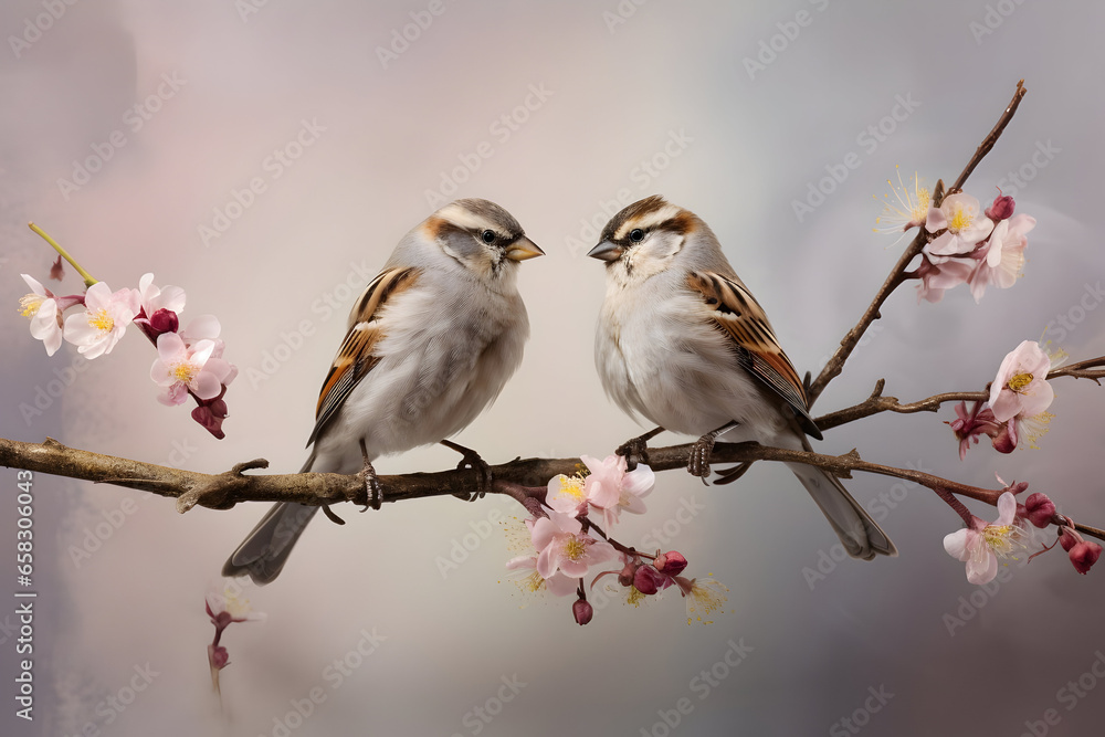 Fototapeta premium Small Sparrows Perched on Branches, Enjoying the Nectar of Tiny Flowers
