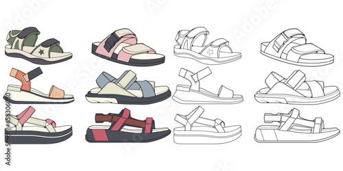 Strap sandals coloring drawing vector, strap sandals drawn in a sketch style, bundling strap sandals template full color, vector Illustration.
