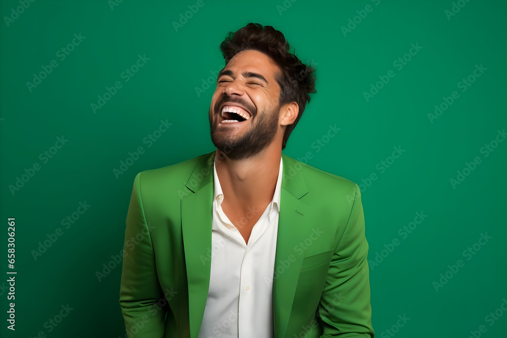 An Ultra Handsome Man Radiating Happiness with a Bright Smile, Dressed in Vivid Attire Against a Lustrous Green Background An Ultra Handsome Man Radiating Happiness with a Bright Smile, Dressed in Vivid Attire Against a Lustrous Green Background